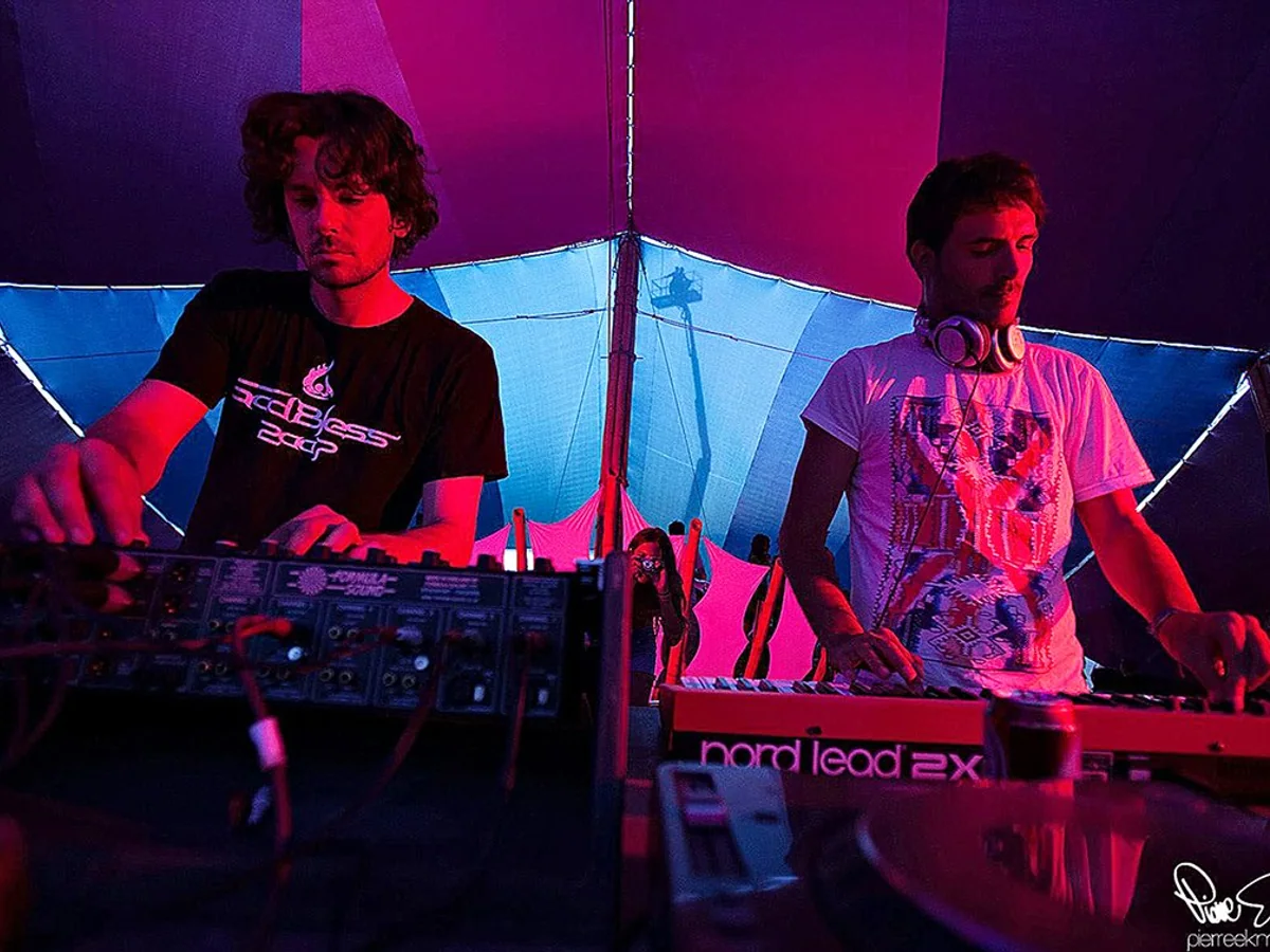 Digital Talk performing live with synthesizers and electronic equipment