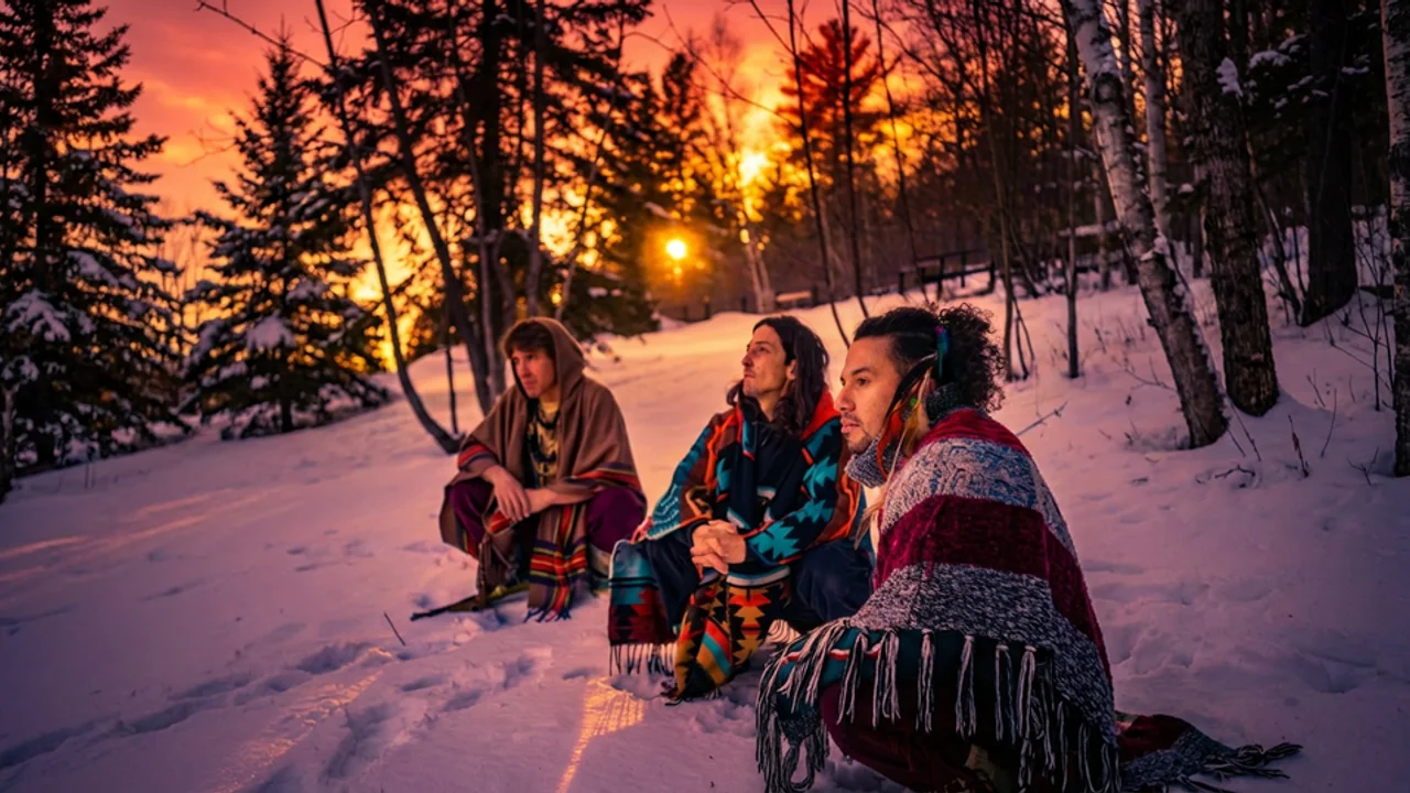 The Paruma collective gathered in a snowy forest at sunset