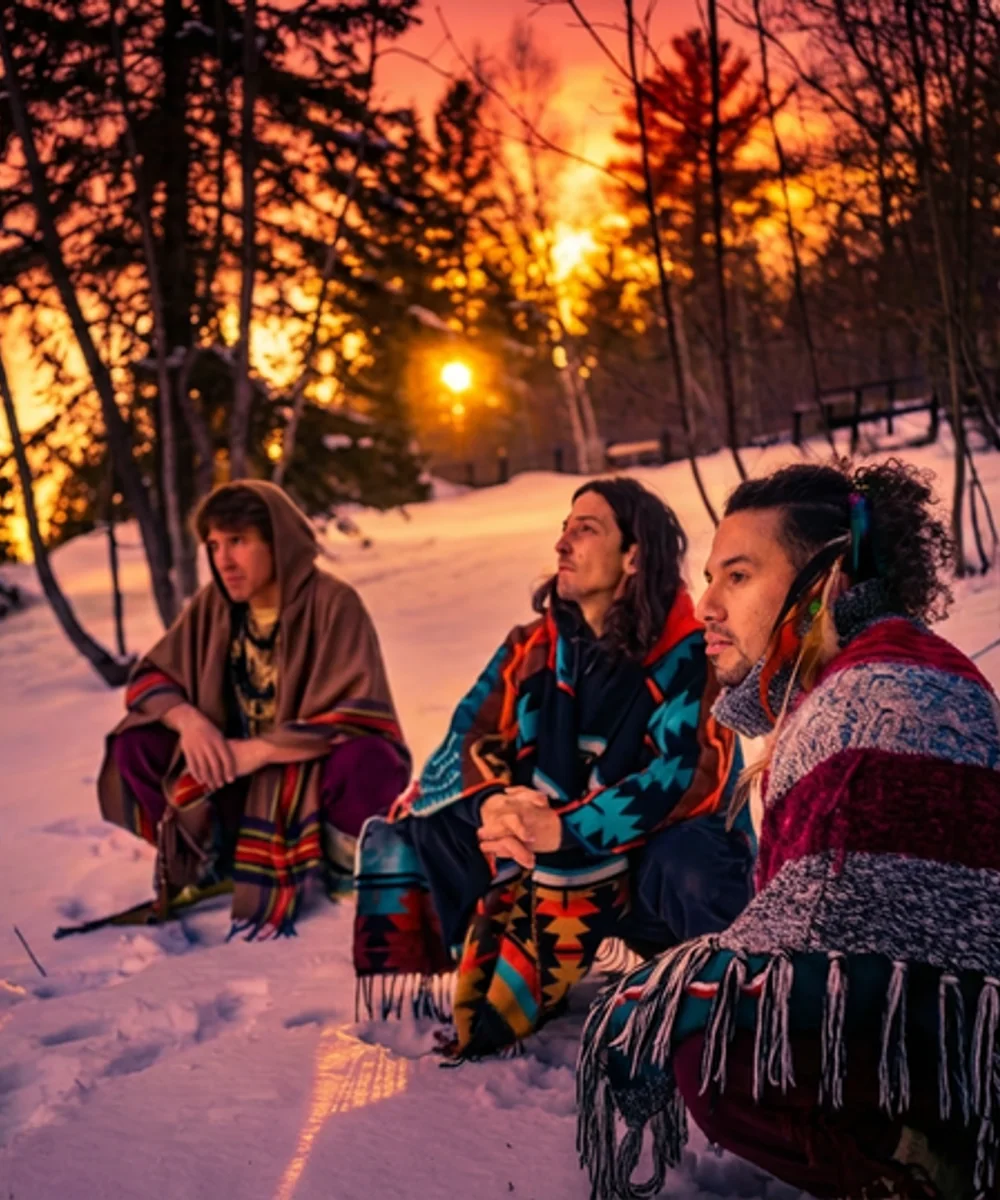 The three Paruma members gathered in a snowy forest