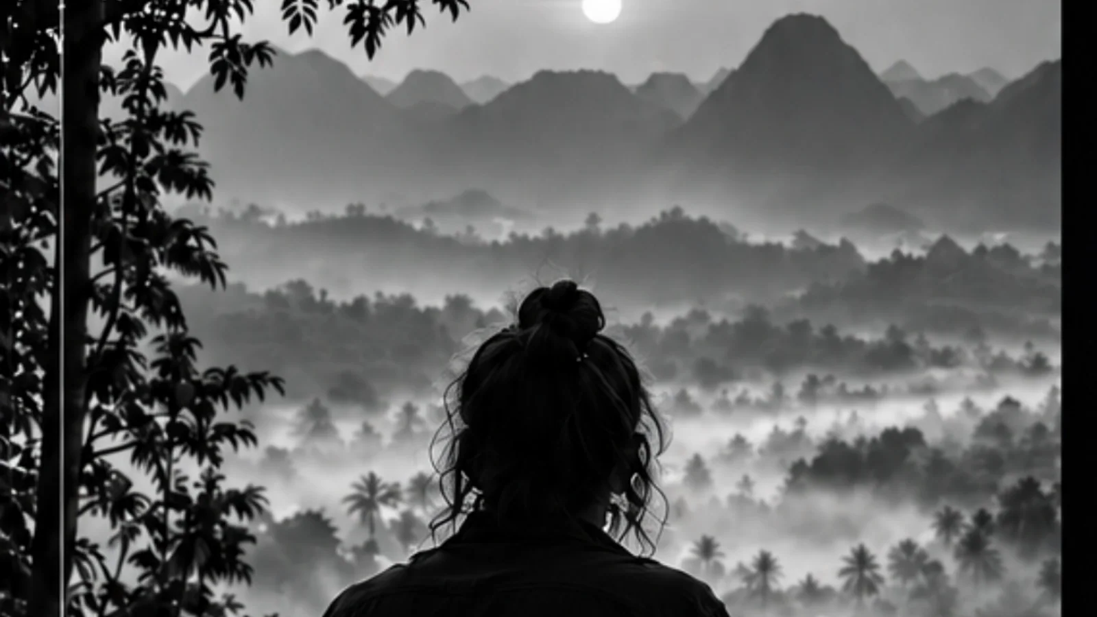 RöHm looking across a monochrome mountain landscape