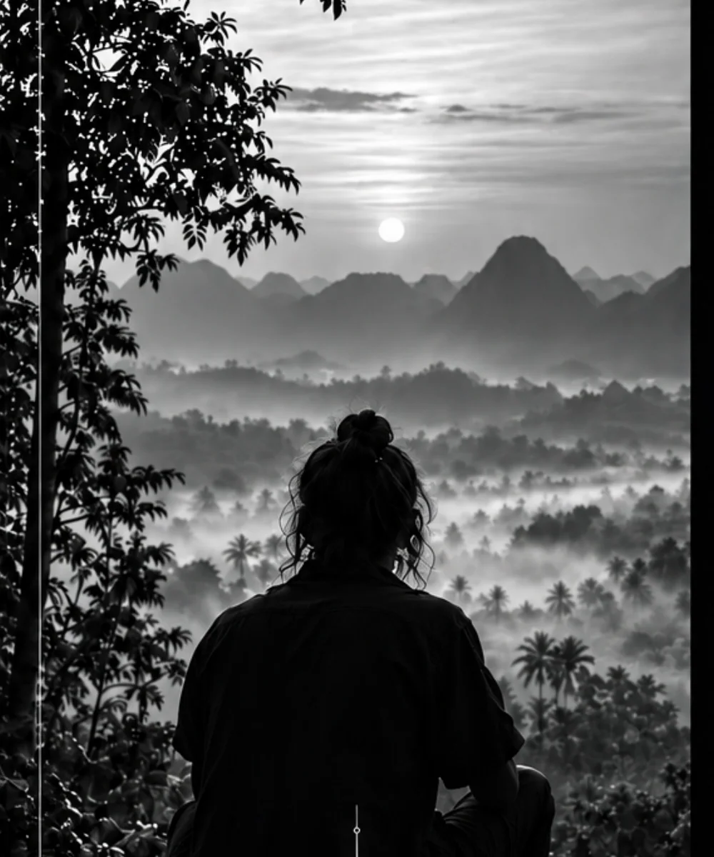 RöHm seated above a misty mountain landscape